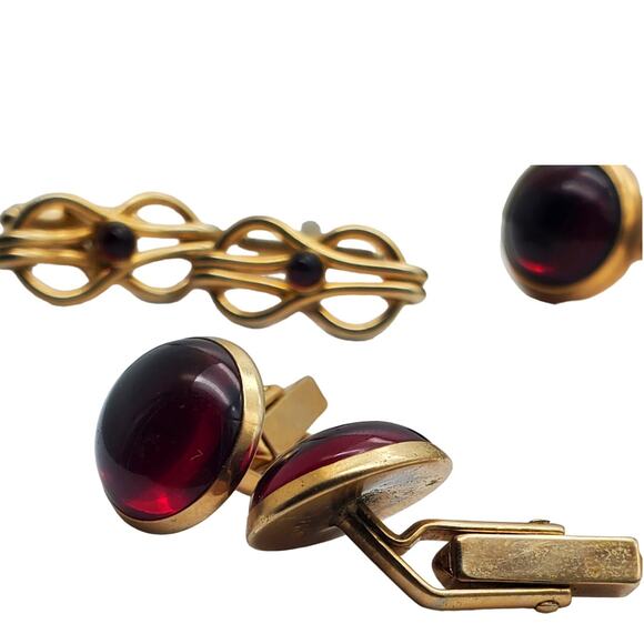 Retro Red Glass Cufflinks Love Knot Swank Correct Quality Gold Tone Link 3 Pair - Picture 3 of 9